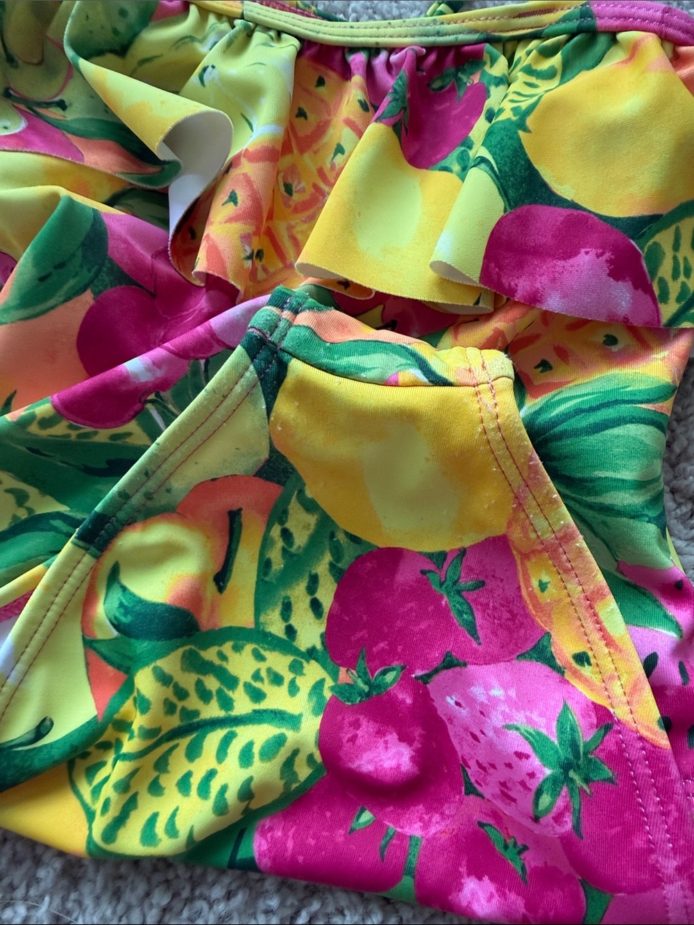 Janie and Jack One-Shoulder Ruffle Fruit Print Swimsuit - Yellow, Pink, Green - Picture 3 of 3